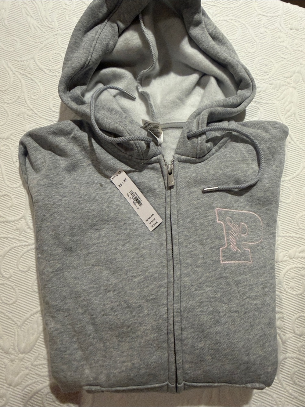 PINK Victoria's Secret Gray Zip Hoodie with Light Pink 'P' Logo XS Oversized. NW